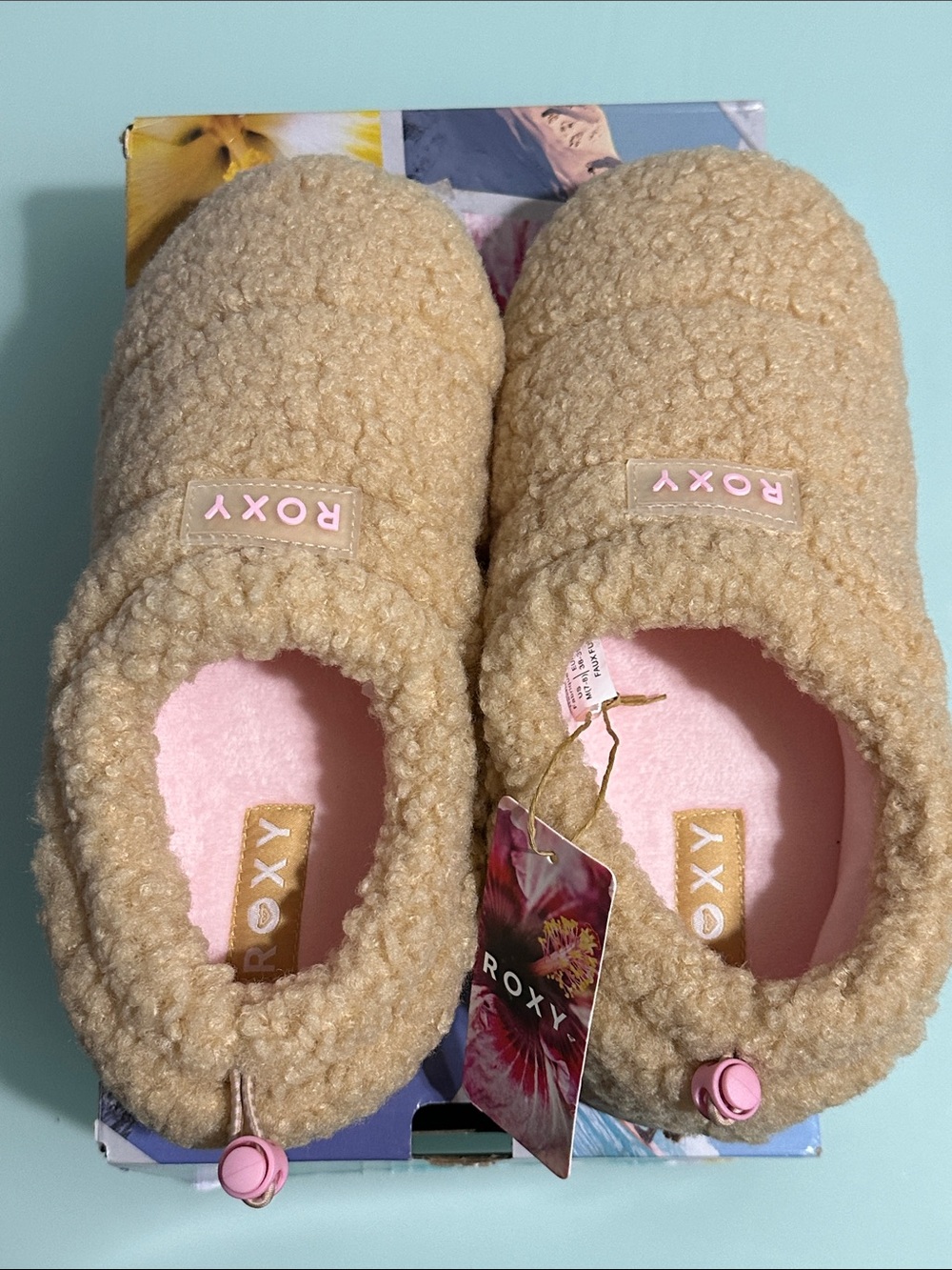 Roxy Tan Sherpa Slip-On Slippers with Pink Lining